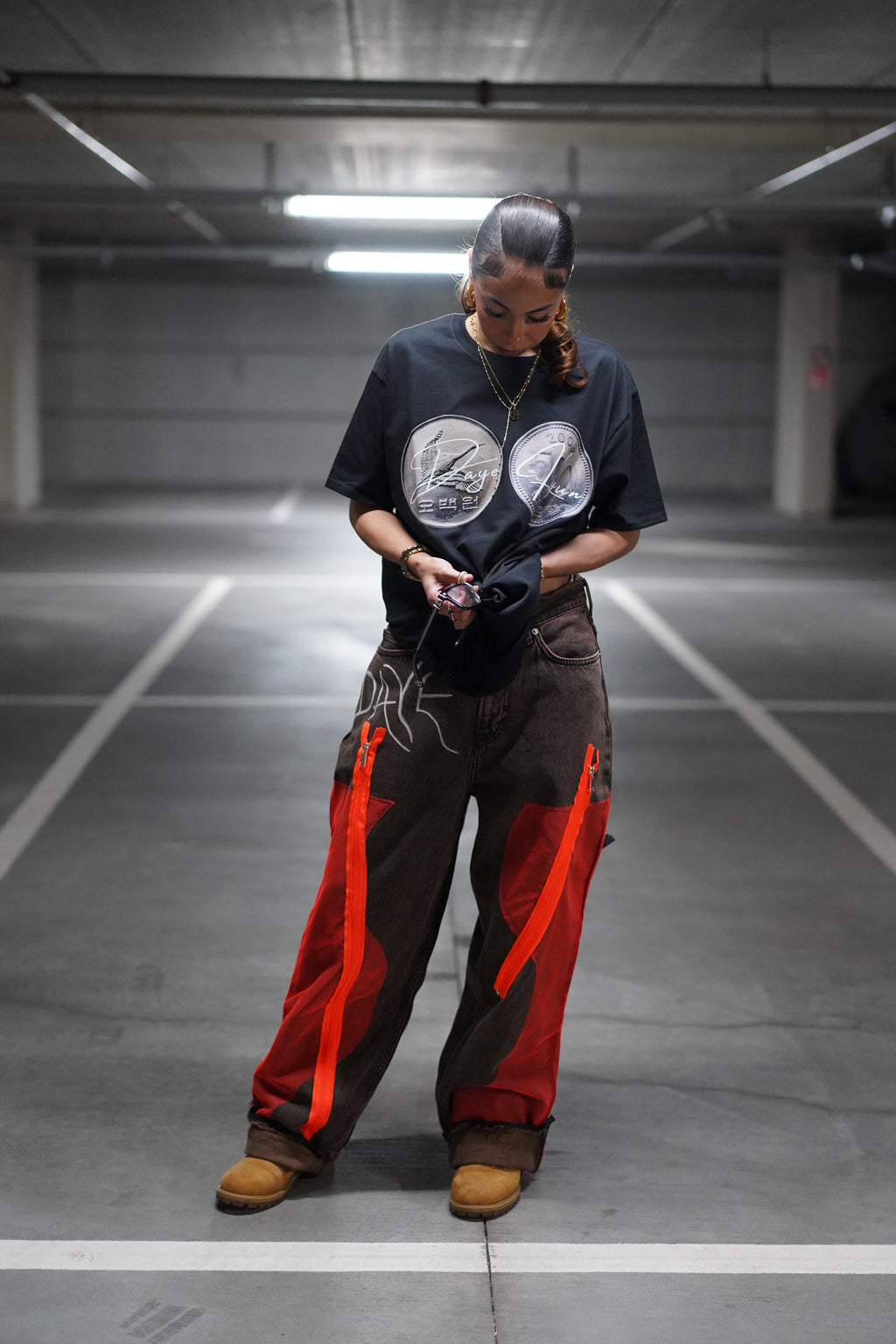 ONE OF ONE ORANGE NETLINE ZIPPER DENIM