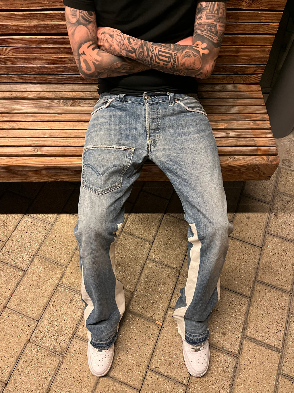REIMAGINED LEVIS 501 DENIM PANTS WITH PEARLS