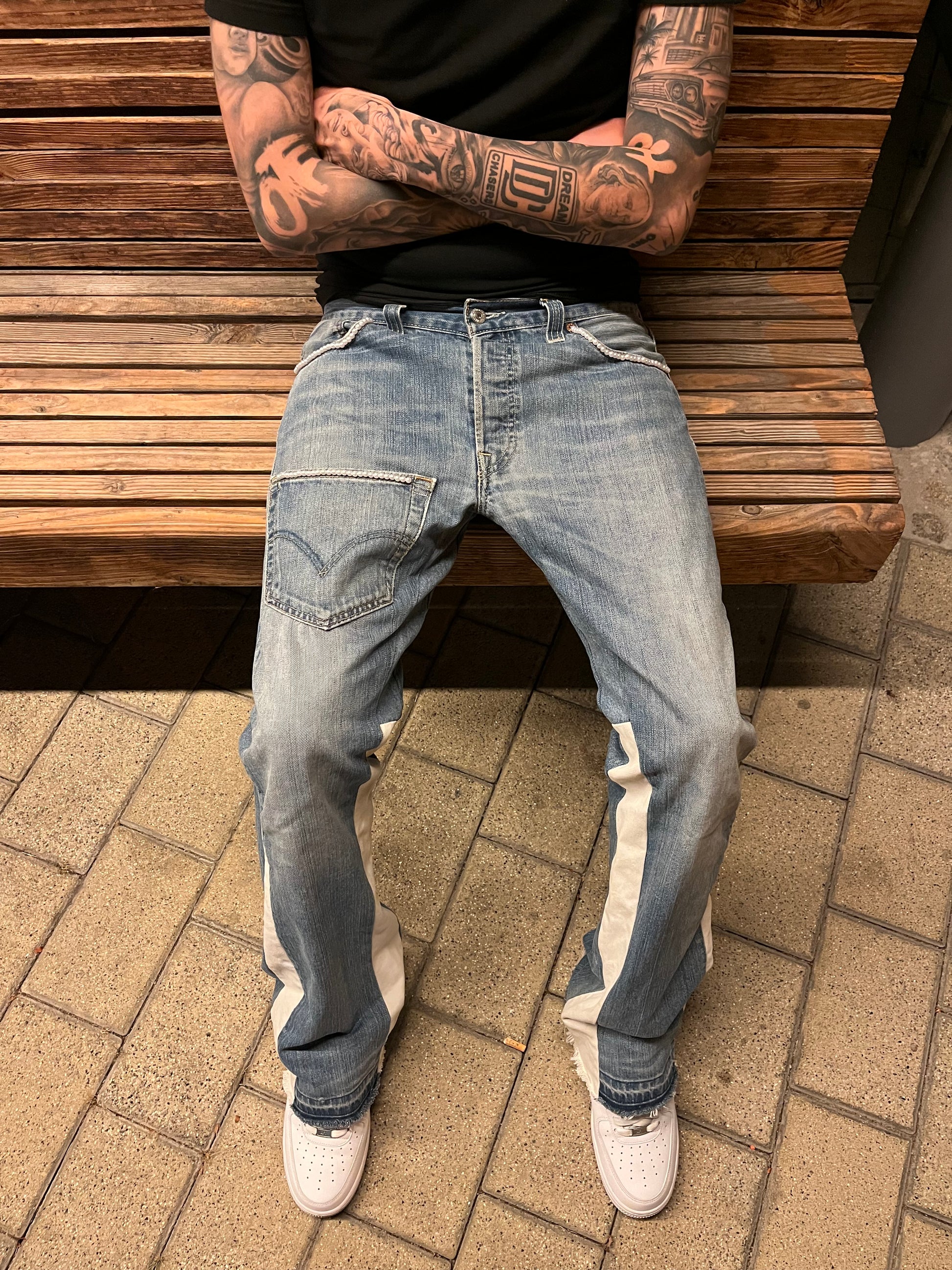 REIMAGINED LEVIS 501 DENIM PANTS WITH PEARLS