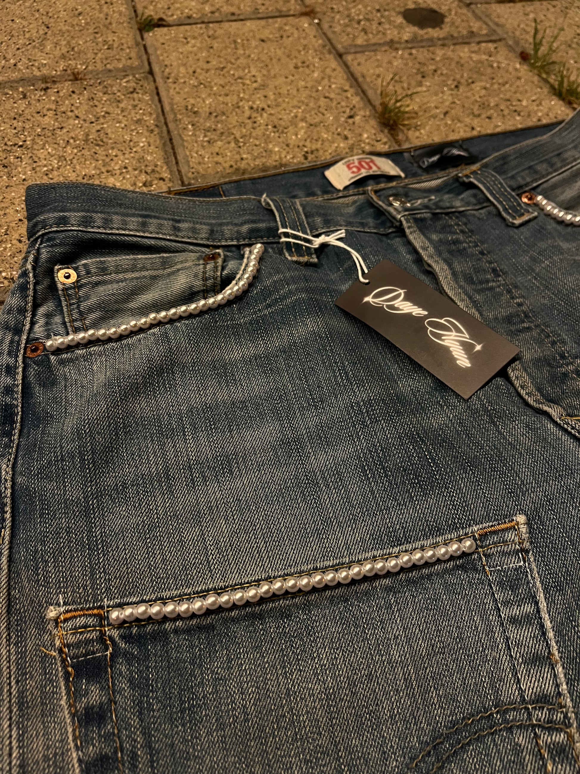 REIMAGINED LEVIS 501 DENIM PANTS WITH PEARLS