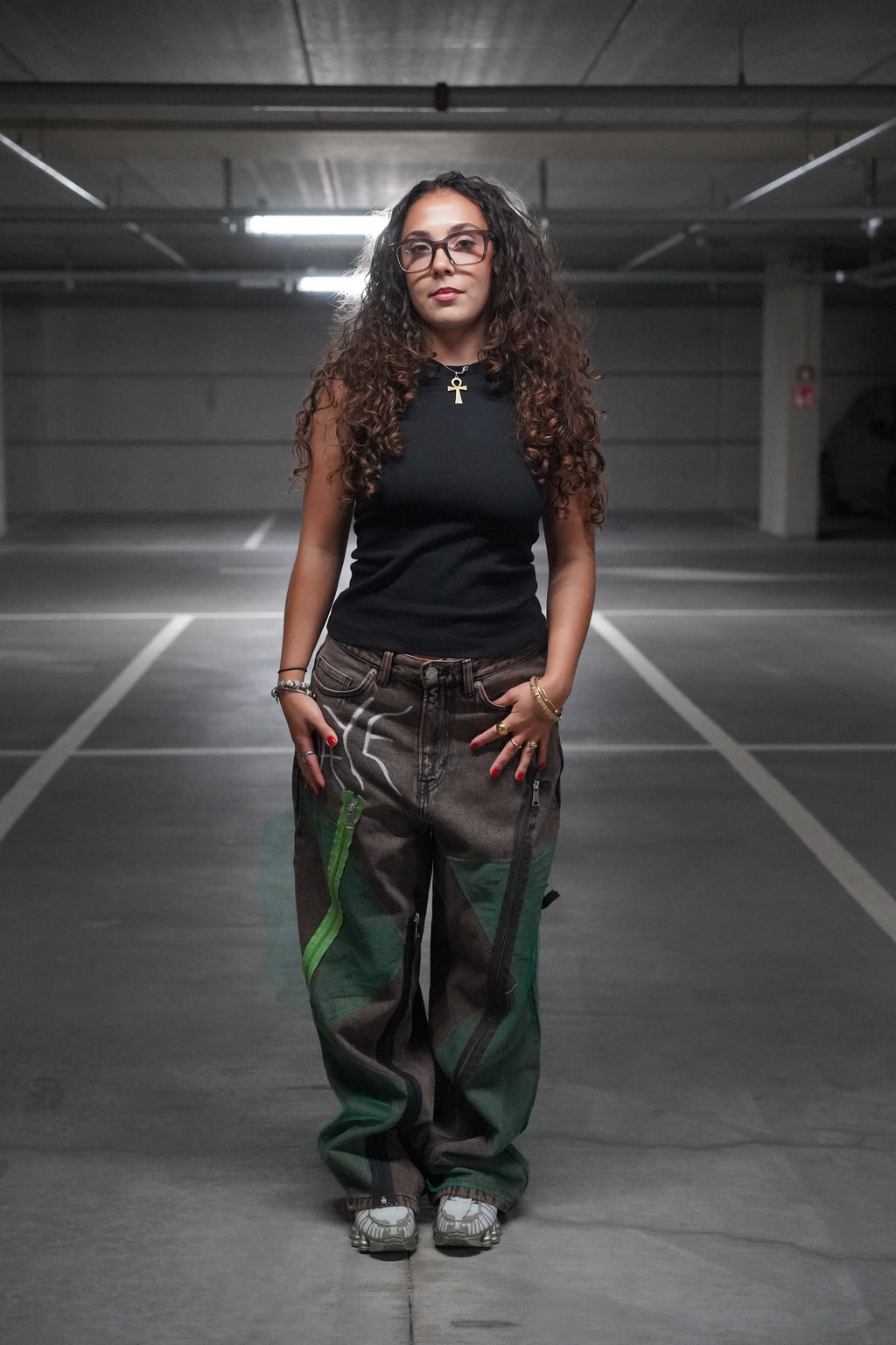 ONE OF ONE GREEN NETLINE ZIPPER DENIM