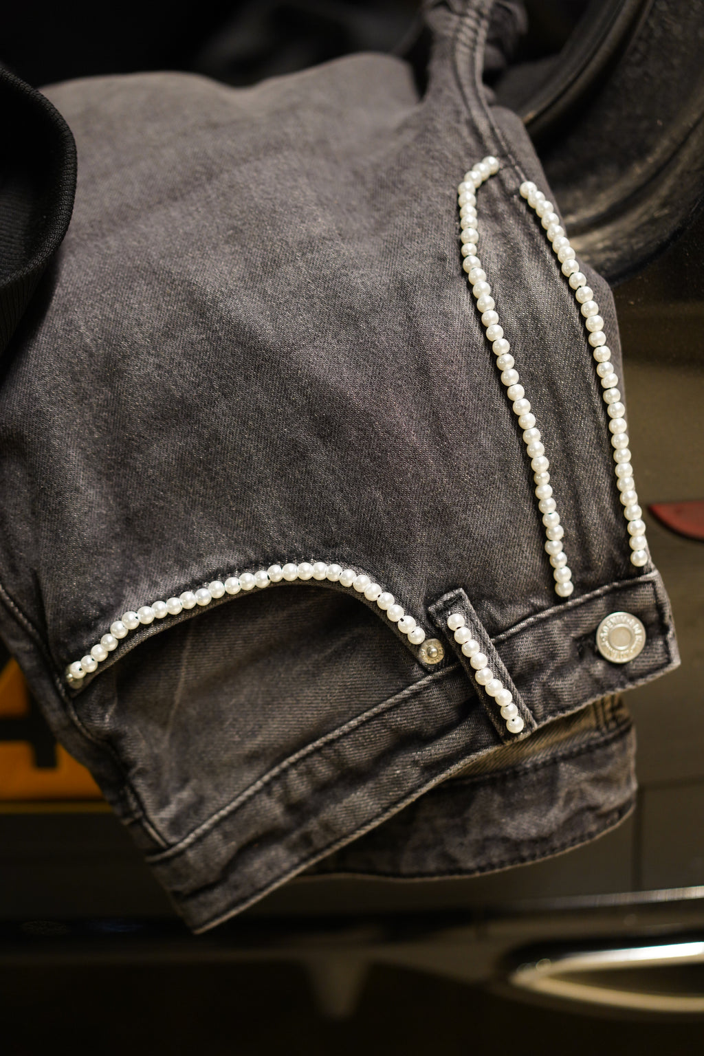 PEARLS X DENIM BLACK PANTS