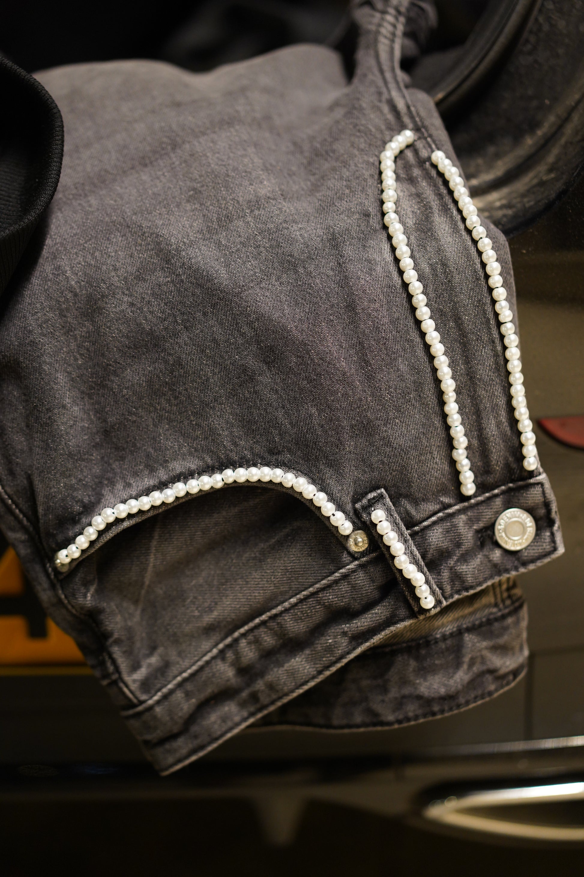 PEARLS X DENIM BLACK PANTS