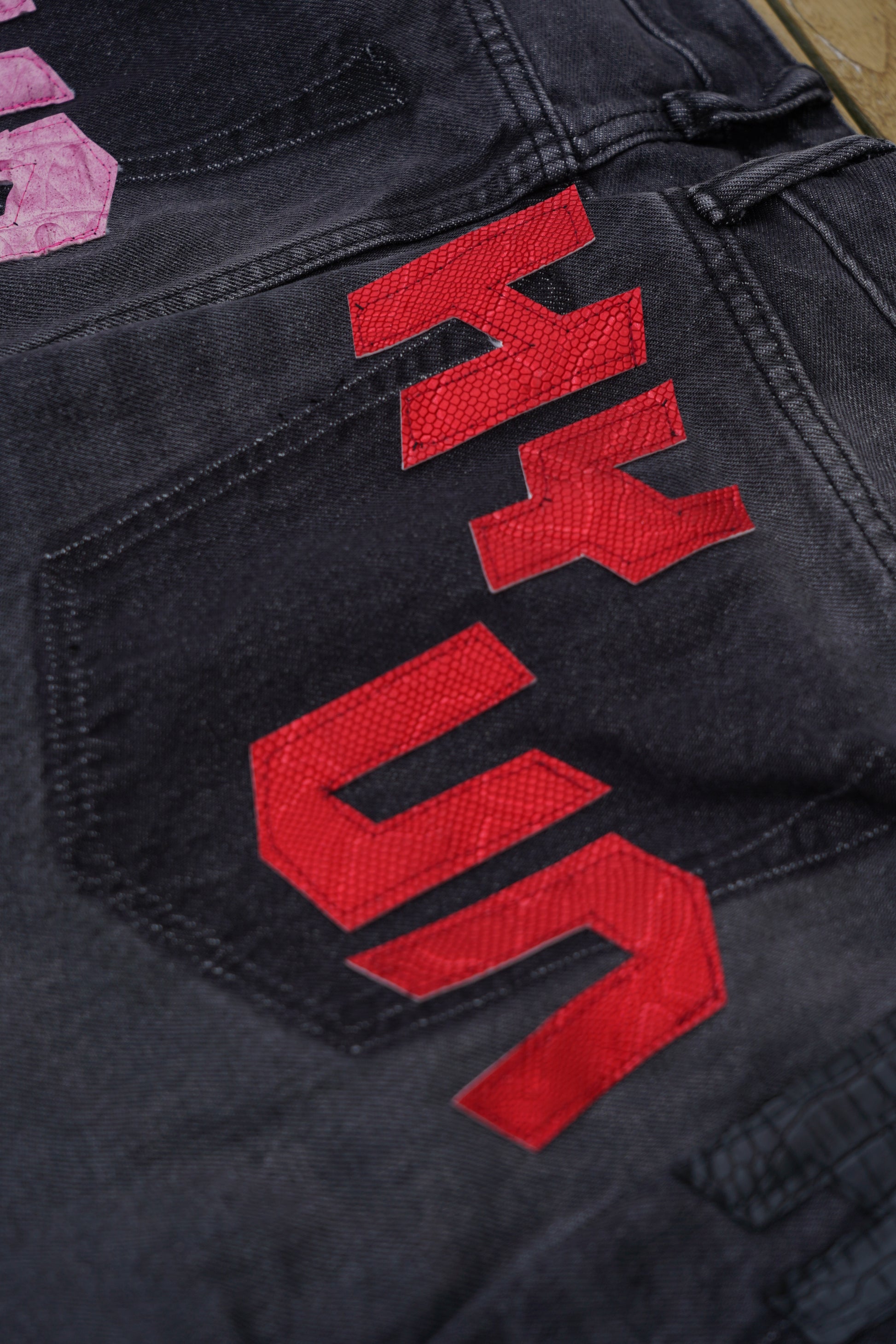 FLARED PATCHWORK DENIM RED LEATHER