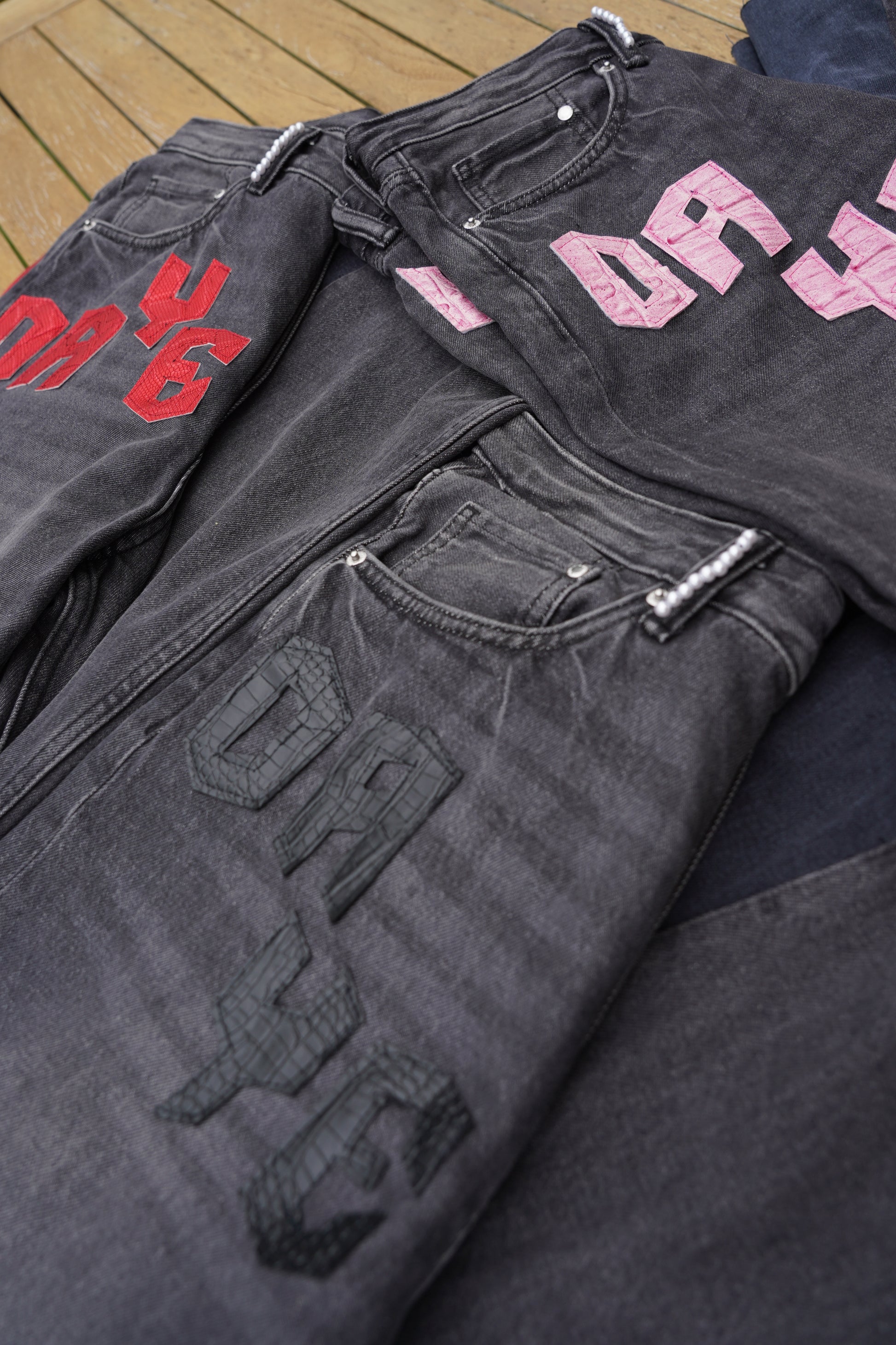 FLARED PATCHWORK DENIM PINK LEATHER