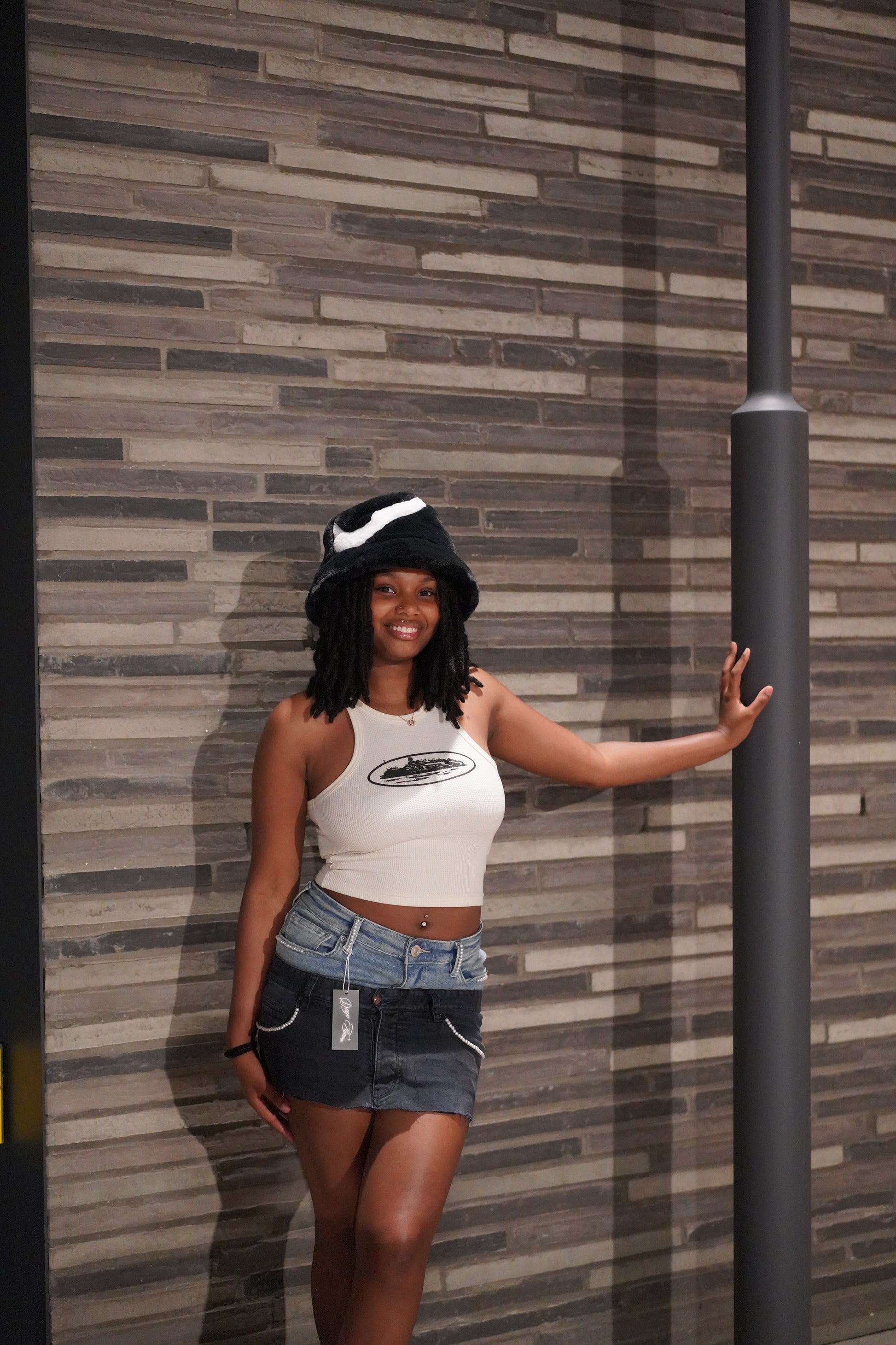TWO-TONE DENIM SKIRT X PEARLS