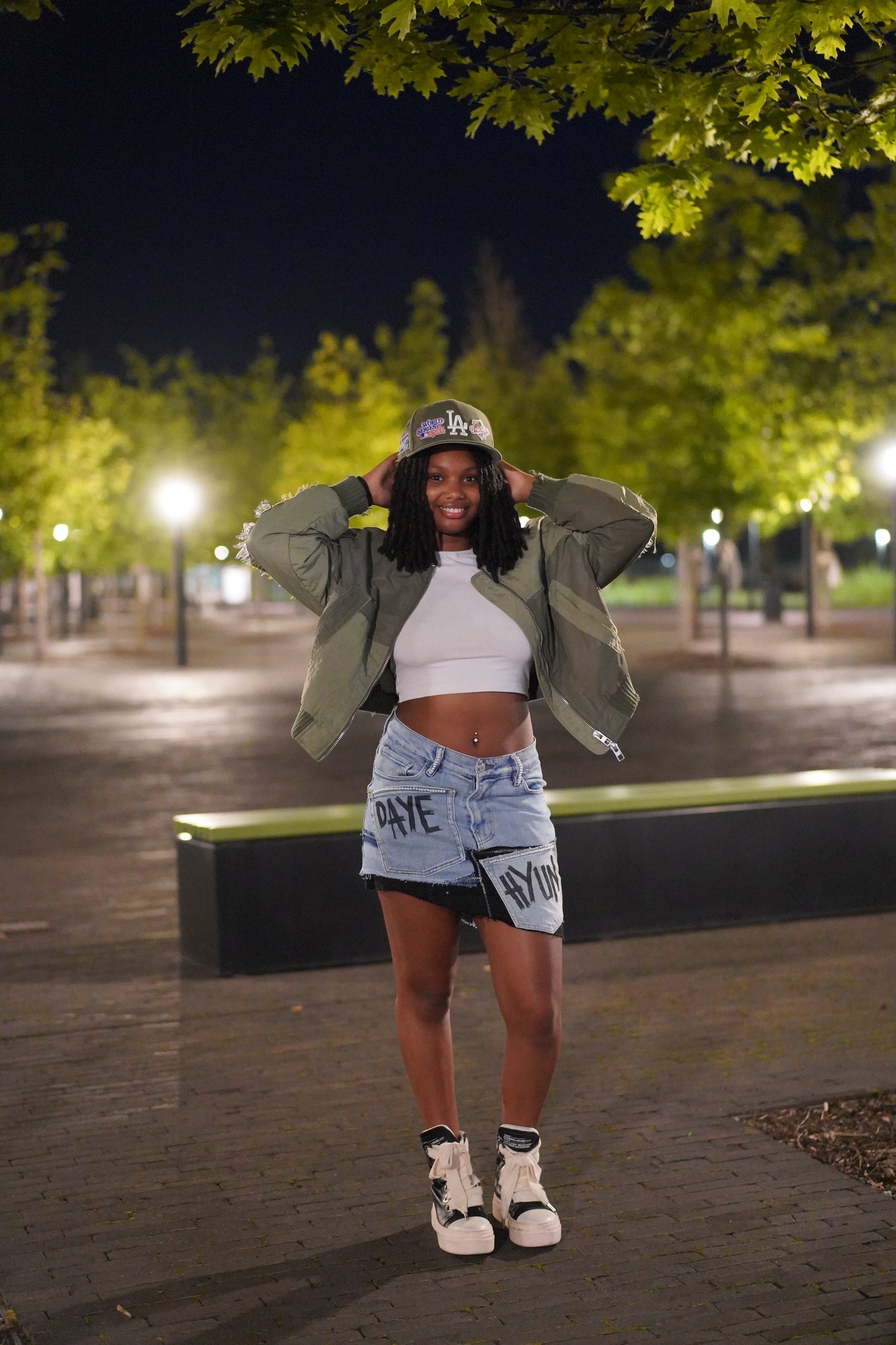 TWO TONE DENIM SKIRT X PEARLS W/ GRAFFITI