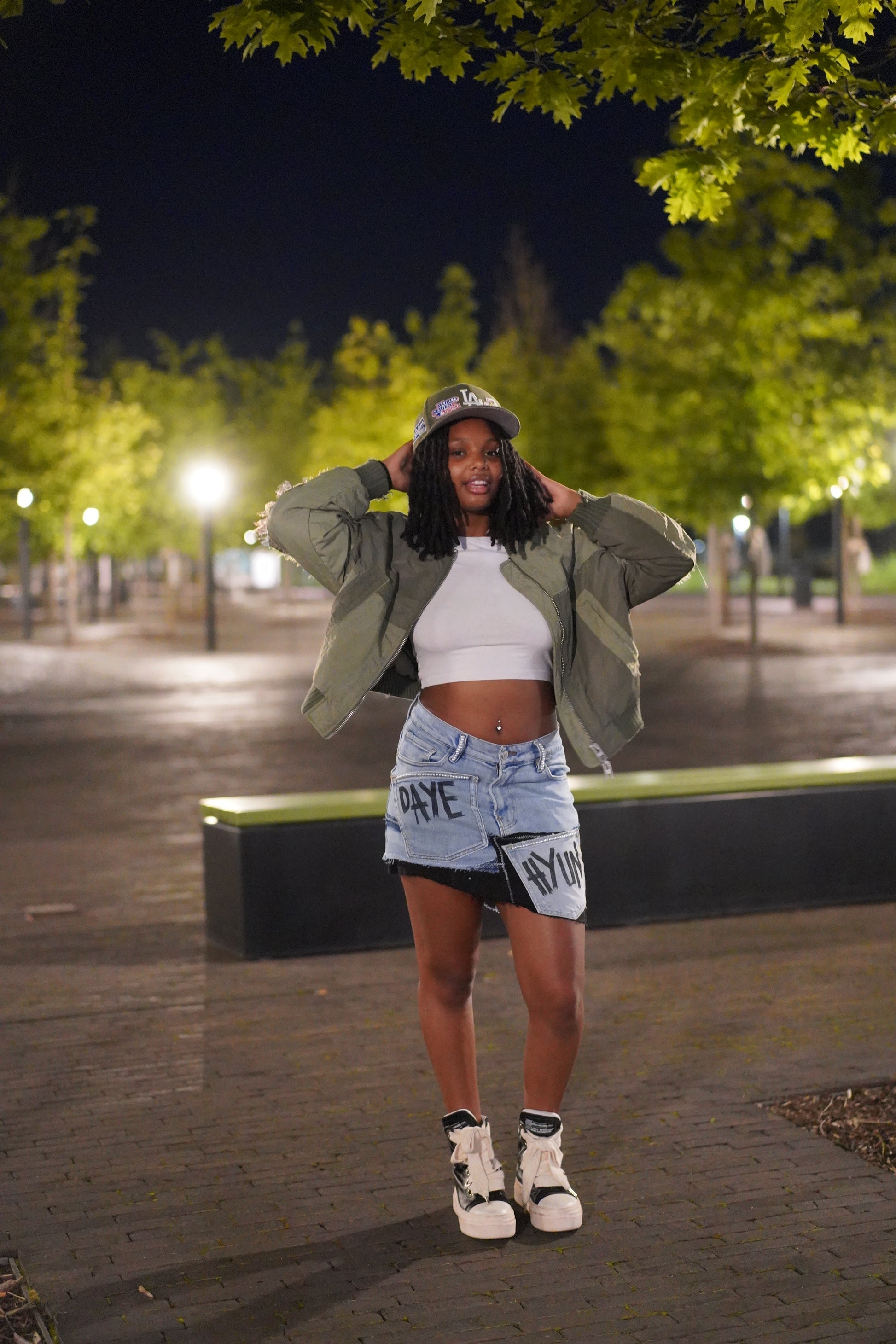 TWO TONE DENIM SKIRT X PEARLS W/ GRAFFITI