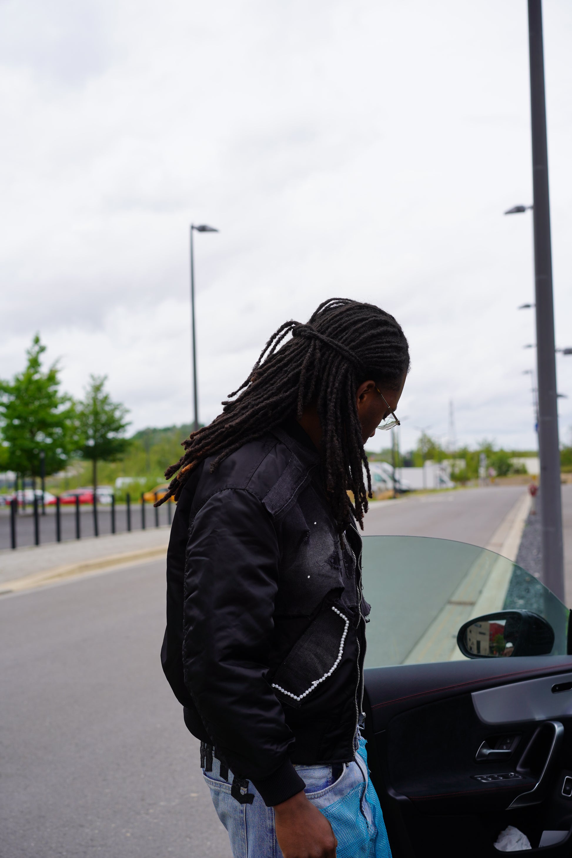 PEARLS X DENIM OVERSIZED BOMBER JACKET