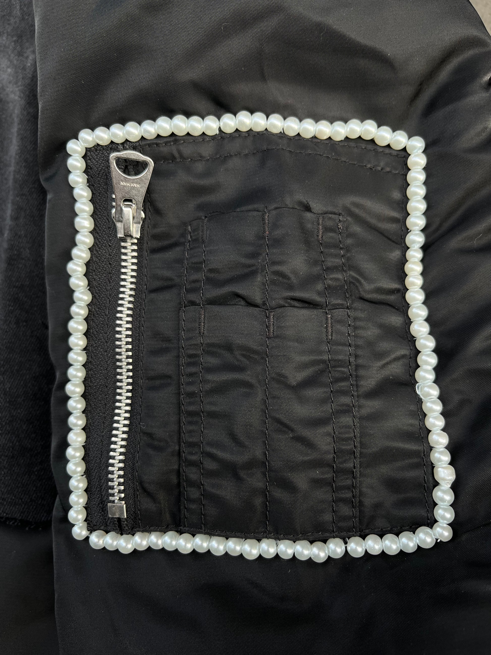 PEARLS X DENIM OVERSIZED BOMBER JACKET