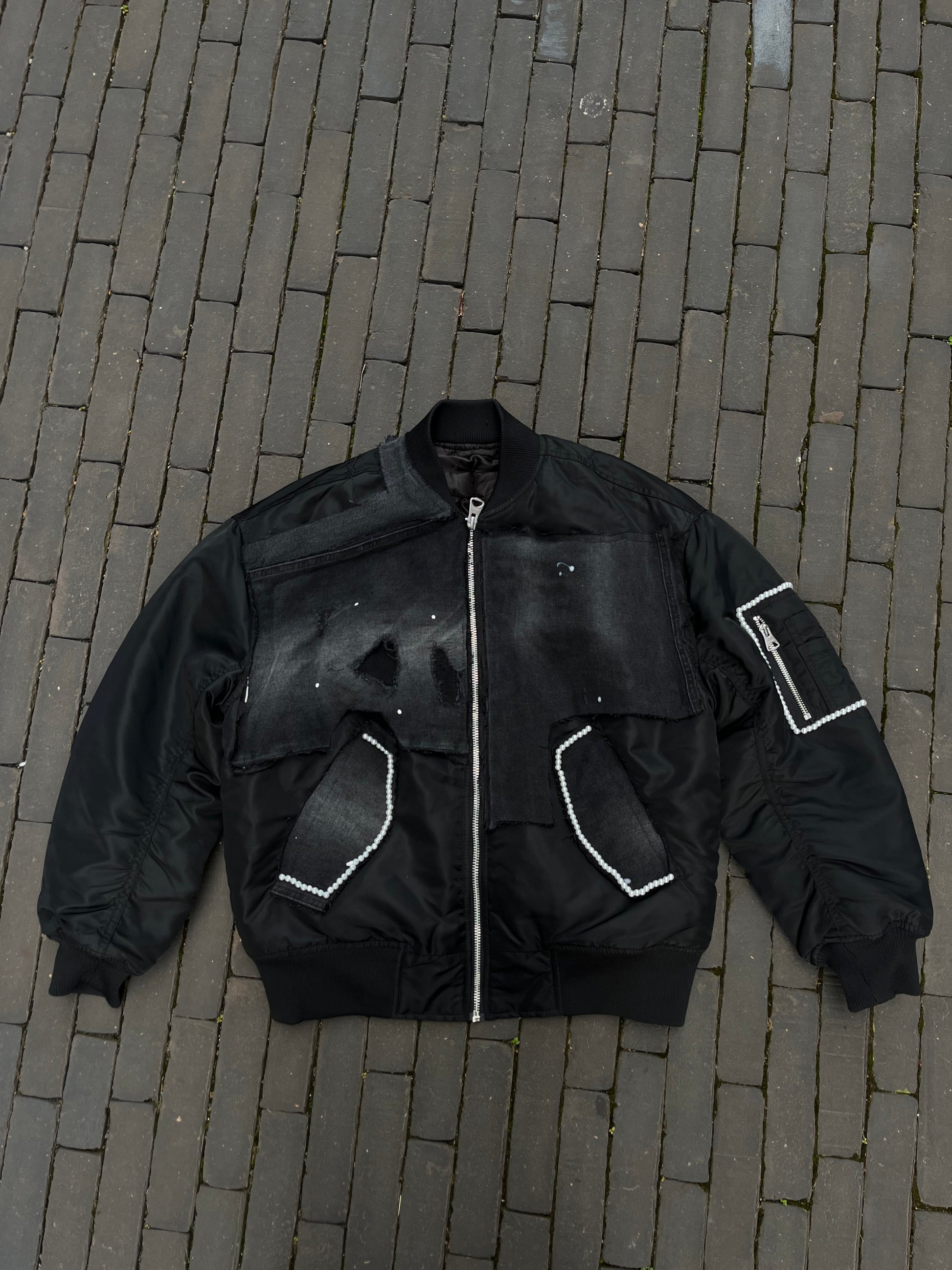PEARLS X DENIM OVERSIZED BOMBER JACKET