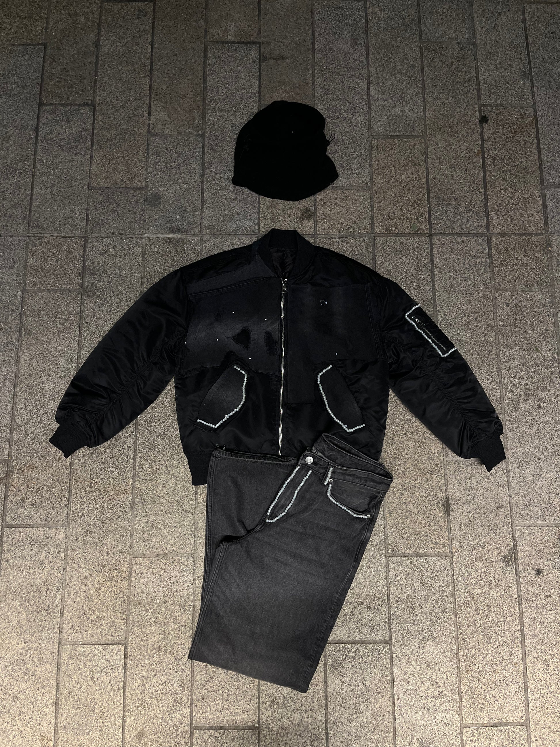 PEARLS X DENIM BLACK PANTS