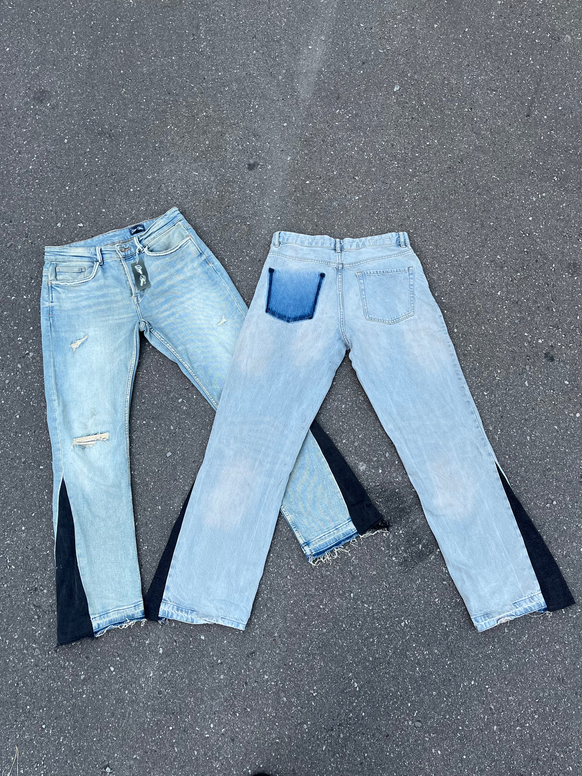 HANDMADE BLUE DENIM X PEARLS PANTS W/ FRONT POCKET
