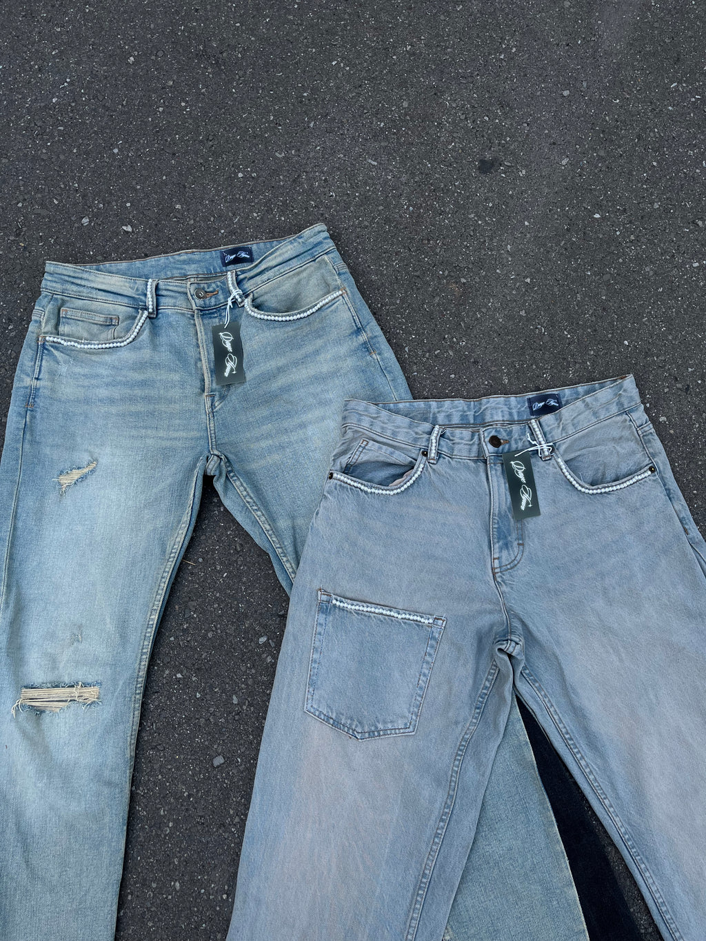 HANDMADE BLUE DENIM X PEARLS PANTS W/ FRONT POCKET