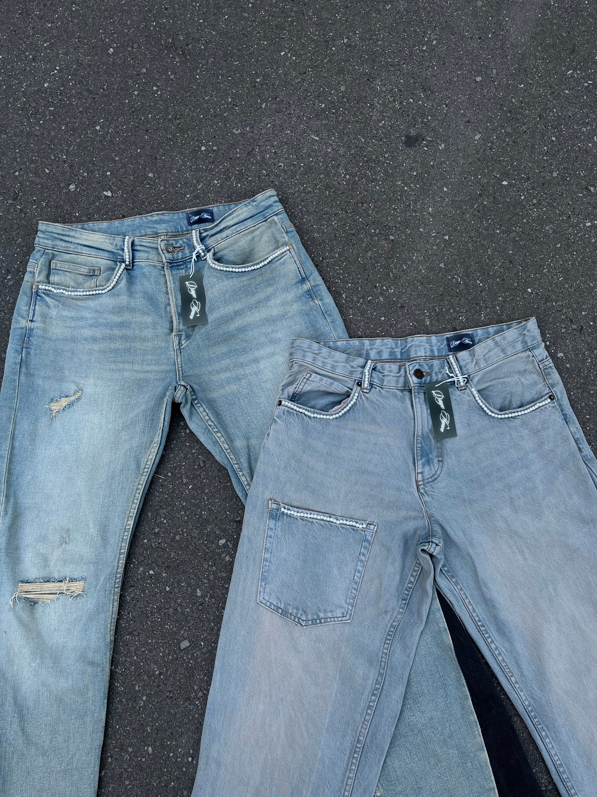 HANDMADE BLUE DENIM X PEARLS PANTS W/ FRONT POCKET