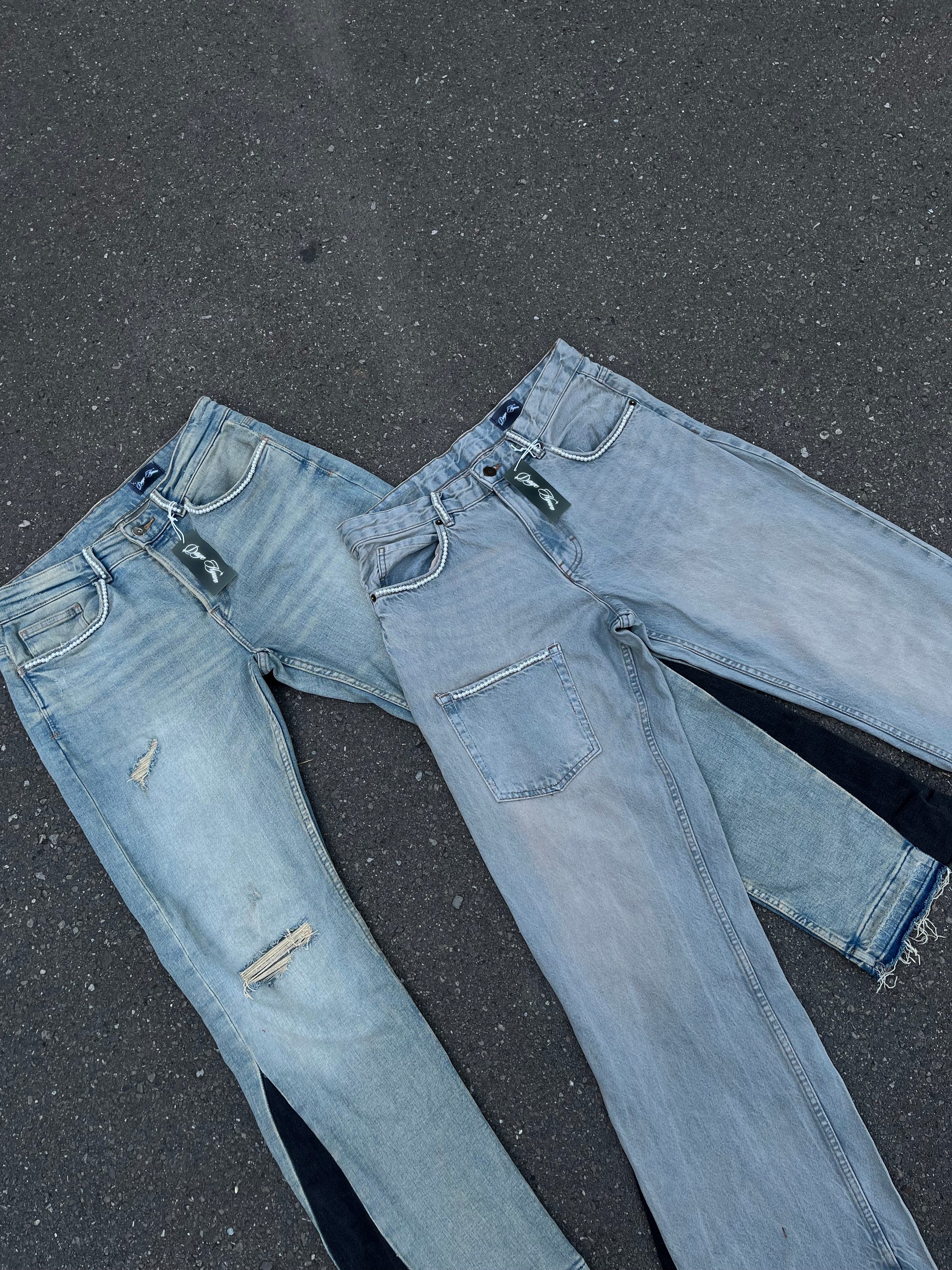 HANDMADE BLUE SLIM FIT DENIM X PEARLS PANTS