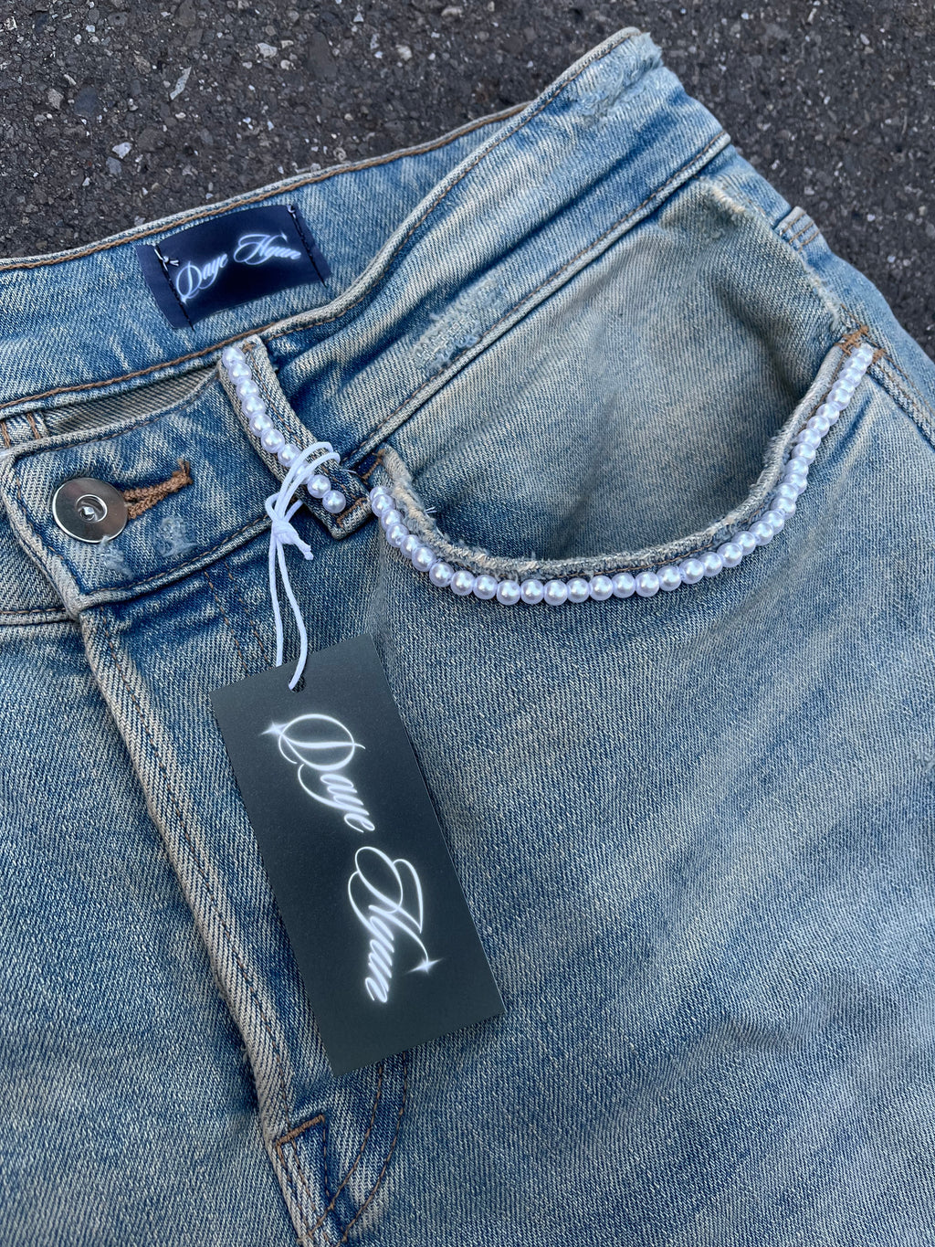 HANDMADE BLUE SLIM FIT DENIM X PEARLS PANTS