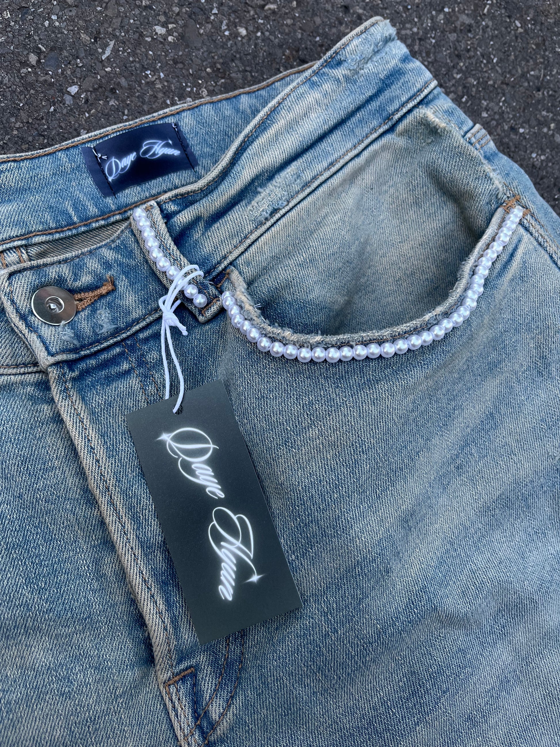 HANDMADE BLUE SLIM FIT DENIM X PEARLS PANTS