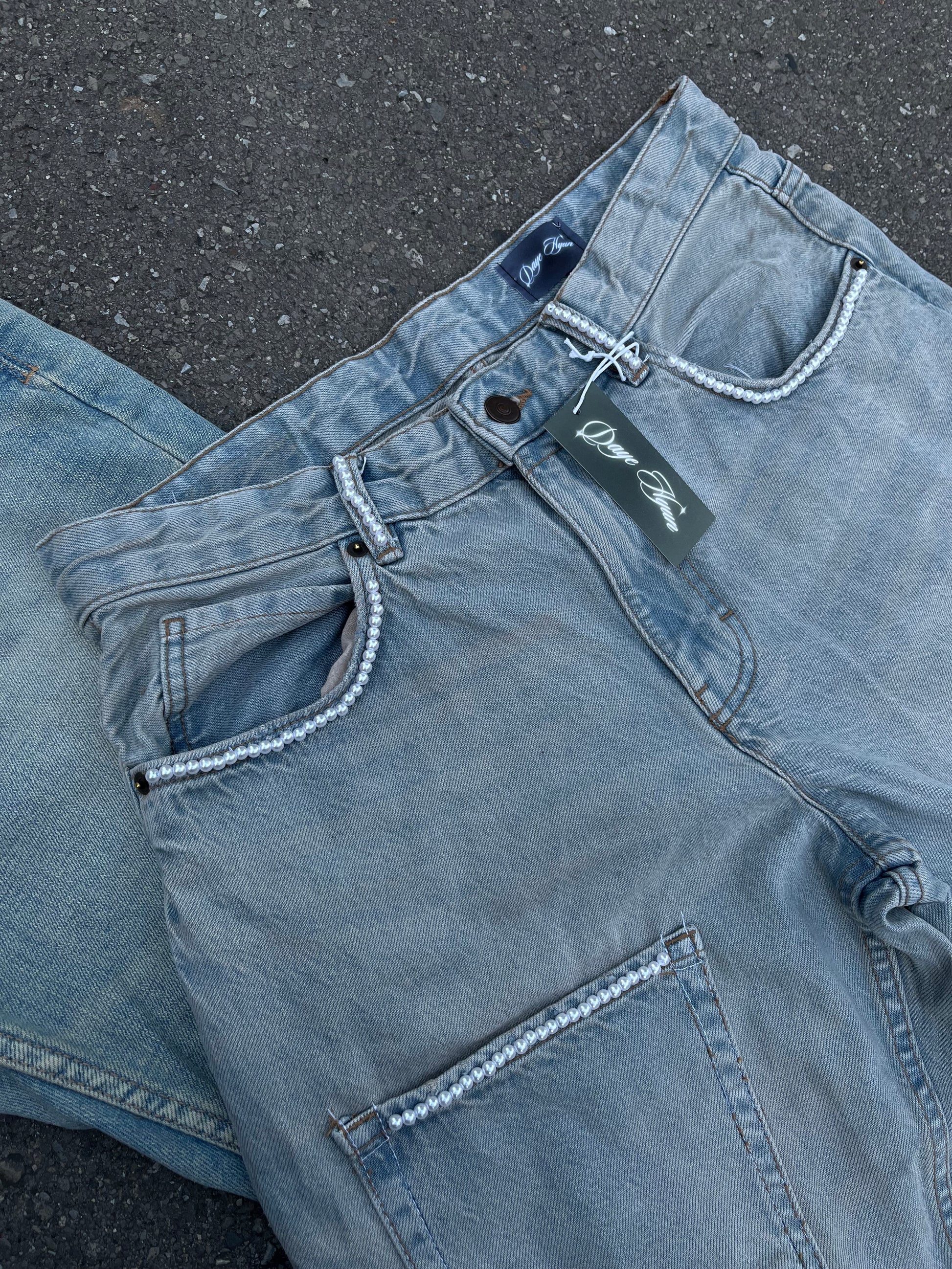 HANDMADE BLUE SLIM FIT DENIM X PEARLS PANTS