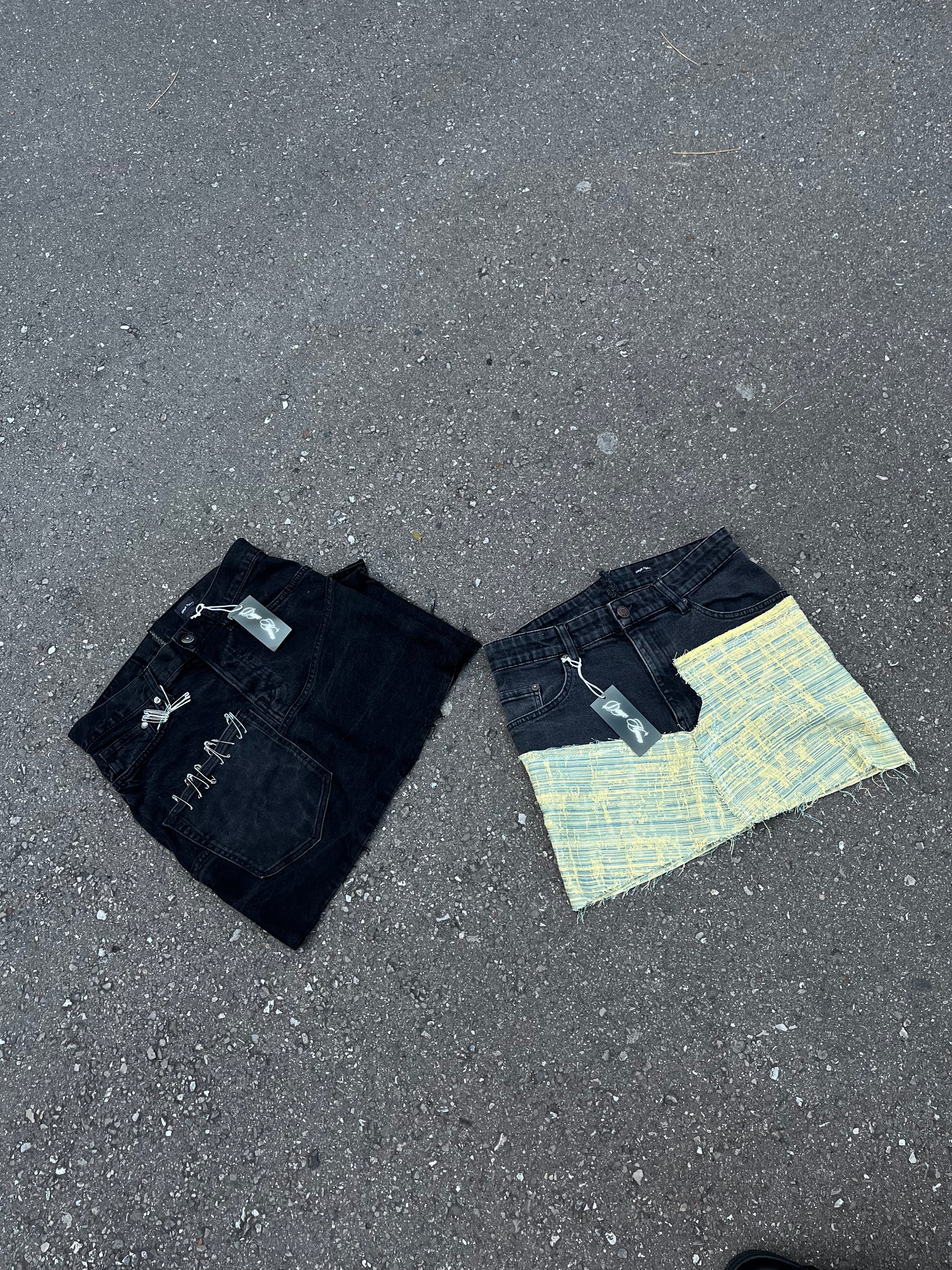 RECONSTRUCED TWO-COLOURED RIPPED DENIM SKIRT